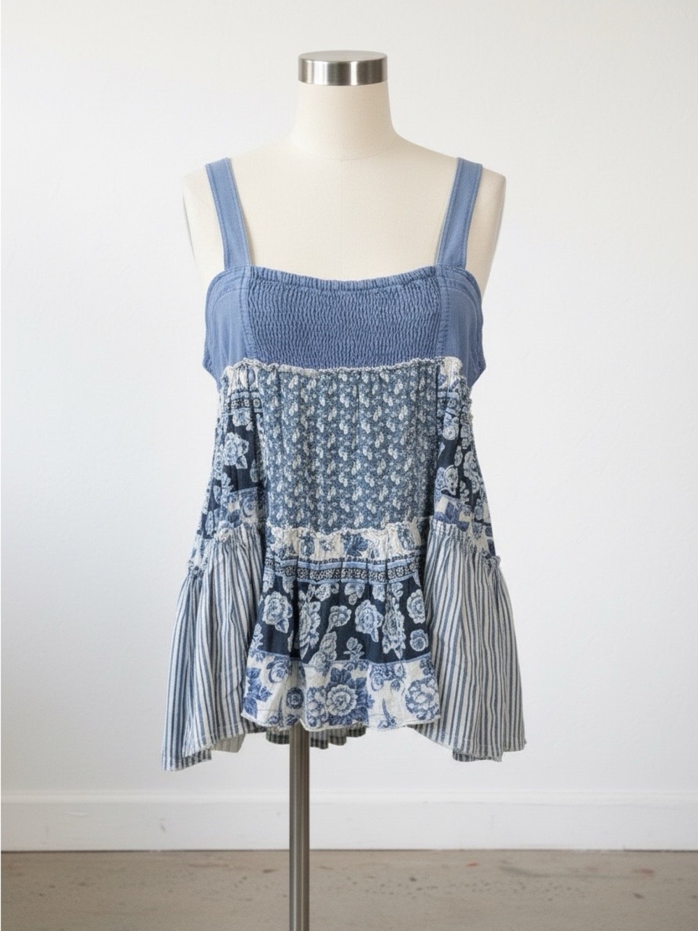 Free People Mixed Blue Patchwork Smocked Camisole